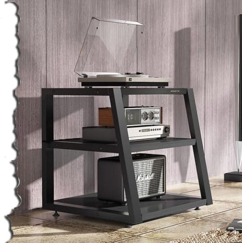 HAEKEBC Eckregal Mit 2/3/4 Ebenen, Audioständer, Retro Audio Rack HiFi-Audioschrank Für DVD-Player, TV-Zubehör, Holzregale, Offenes Lagerregal Für Heimkino(Black,3Tier)