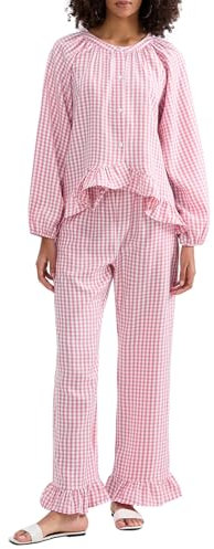 YILEEGOO Ensemble de pyjama 2 pièces à carreaux pour femme, chemise vichy à volants et pantalon, ensemble de pyjama assorti doux à manches longues, Rouge, M