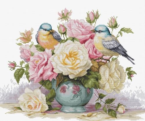 Luca-S Kreuzstich Stickpackung Vase mit Rosen und Vögel, Zählmuster