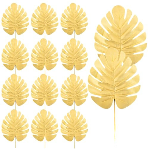 Styquenzer Lot de 12 feuilles de palmier artificielles dorées - Feuilles tropicales de Monstera réalistes - Décoration pour banquet hawaïen, jungle, fête sur la plage