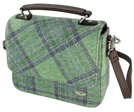 Harris Tweed 'Thurso' Square Bag Made in Scotland, Faded Green Stewart, 9.05 W x 9.44 H x 3.54 D