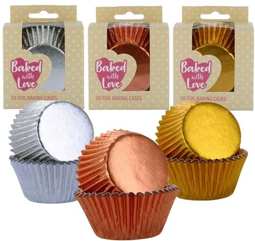 Baked with Love Foil Baking Cases Multipack | Gold, Silver, Rose Gold | 150 Foil Baking Cups, Greaseproof Cupcake Cases for Birthday, Wedding, Anniversary - Pack of 150