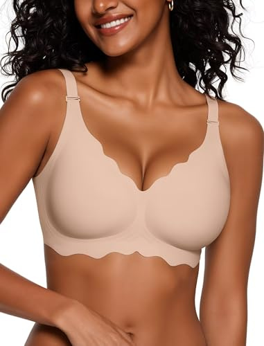 Vertvie Seamless Scalloped Bras for Women No Underwire Wireless Push Up Bra Soft Support Full Coverage Comfort Everyday Bra (Nude,L)