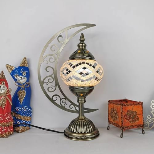 BOTOWI Türkische Lampe mondförmige Mosaik-Tischlampe einzigartiger marokkanischer handgefertigter antiker böhmischer Vintage-Lampenschirm Tiffany-Schreibtisch Nachttischlampe aus Buntglas,Weiß
