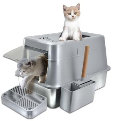 Inodoro para gatos de acero inoxidable, con tapa cerrada, equipado con cuchara y pedal de filtro, espacioso y adecuado para gatos grandes y pequeños, a prueba de fugas, fácil de limpiar, no grasiento