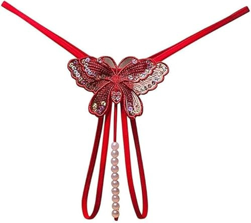 Sniff Rose Women's Sexy Underwear Cut Out Pendant Pearl Beads Embellished Lace Butterfly G-Sting Thong Underpants Knickers Tangas Briefs
