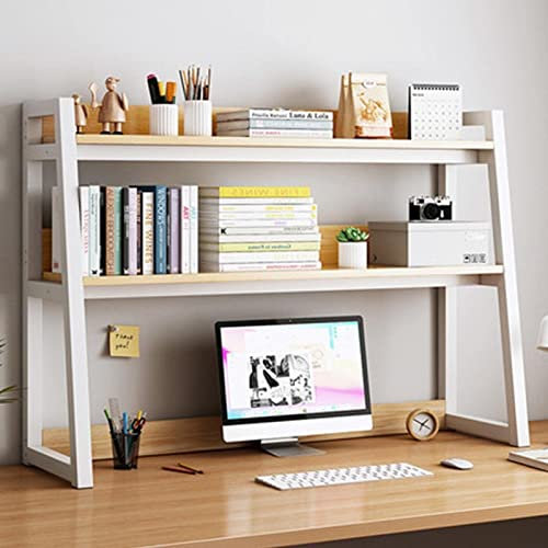 2 Tier Steel Frame Desktop Bookshelf for Computer Desk Modern Ladder Style Countertop Hutch Bookcase for Home Office Storage and Display