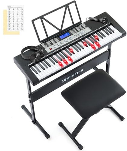61 Key Piano Keyboard, Electric Keyboard Piano with Light-Up Keys, 255 Tones/Rhythms, Smart Learning System, Headphone, Microphone, Keyboard Stand, Stool, Stickers, Keyboard Piano Set for Beginners