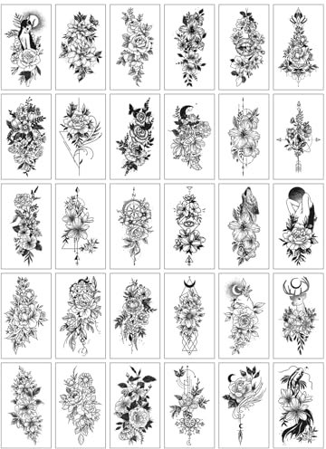 Anseom 30 Fogli Tatuaggi Temporanei Tatuaggi Finti 3D Rosa Fiore Sexy Tatuaggi Temporanei Impermeabili Nero Tatuaggi Finti Adesivi Donna Body Art Tattoo Stickers per Donne e Ragazze