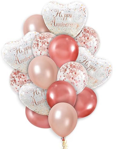 Ovanda 16 Stück Happy Anniversary Luftballons, Roségold Herzförmige Hochzeitstag Deko, Hochzeit Themenballon, Helium Ballon, für Hochzeite Verlobung Standesamt Deko, Hochzeitstag Party Deko