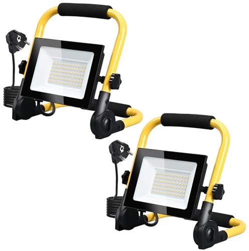 MOLVCE Led Baustrahler 50W 6000K 4250LM Kaltweiß, Led Arbeitsleuchte mit Stecker, IP66 Wasserdicht Baustellenlampe mit Stativ und 3 Meter Kabel für Baustelle, Garage, Werkstatt, 2 Stück