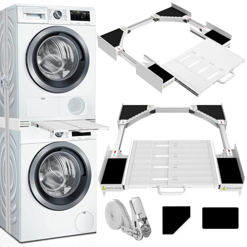 BOWEN EZ Stacking Kit for Tumble Washer and Dryer, Universal Washing Machine Stacking Kit with Shelf, Suitable for Washer with Width 53-68 cm, Adjustable Stacking Kit with Ratchet Rope