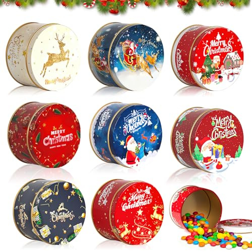 Dwafill Weihnachten Cookie Dosen mit Deckel, 8 Stück Runde Weihnachtsdosen Blech für Plätzchen Kekse, Cookie Box Plätzchendosen Metall Klein Set, Geschenkdosen Weihnachten Weihnachts Keksdosen Mini