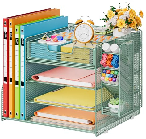 Marbrasse Bandeja Organizadora de Escritorio,4 niveles Bandejas para Documentos con 1 Soporte para Bolígrafos Colgante y 6 Cajones Divisorios,Organizador de Revistas para Oficina en Casa (Verde)