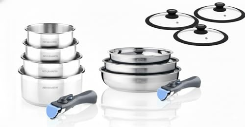 ARTHUR MARTIN - Batterie De Cuisine Inox 12 Pièces - 5 Casseroles Ø Variés - 2 Manches Amovibles - 3 Couvercles Silicone - Compatible Induction - Ensemble Pratique Et Ergonomique