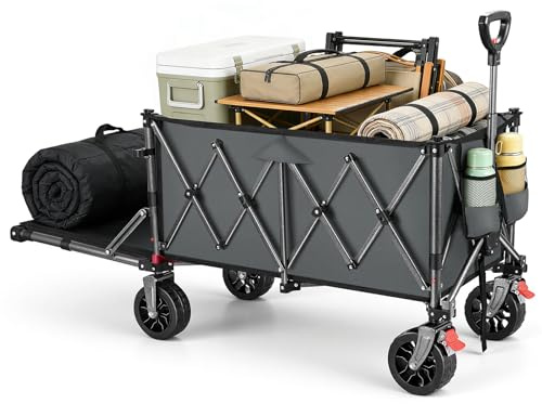 YEAUPE PRO Faltbarer Bollerwagen mit Feststellbremse – All-Terrain-Großräder, öffnendes Heck für Lange Gegenstände und Spanngurtnetz für Camping, Strand, Garten, Grau (150-240L)