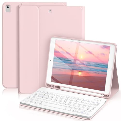Lsmmpoba for iPad 9th/8th/7th Generation Case with Keyboard 10.2 Inch, Detachable Folio Wireless Bluetooth Keyboard Cover and Pencil Holder for iPad Air 3rd Gen/iPad Pro 10.5 in, Light Pink
