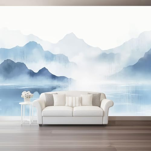 Générique Papier Peint Panoramique Peinture À L'Encre Chinois Paysage Brume, Fresque Gris Clair Murale Intissée – Décoration Murale Pour Salon Chambre Bureau 300 x 210 cm（WxH