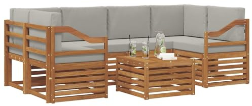 vidaXL Sofagarnituren 7 pcs Natürlich und Hellgrau Massivholz Akazie, Garten-Sofa-Eckgarnitur, strapazierfähiges Lounge-Möbel, modernes Patio-Set für chilliges Terrassenleben