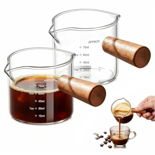 2 Pcs Double Espresso Cups Set, Glass with Wood Handle Shot Measuring Cup | Glass Wood, Espresso Shot Glass Measuring Cup Coffee Preparation Tool for Home Machines and Daily Brewing