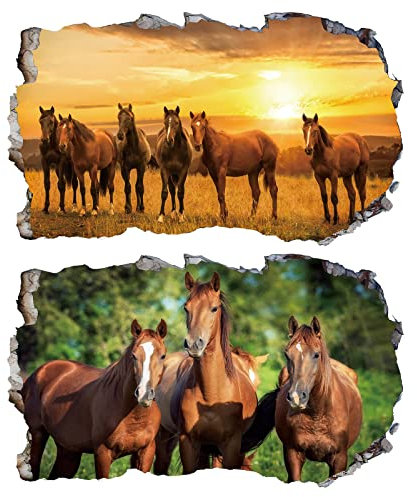 2Pcs Pferd Horse Schwarz Weiss Wandtattoo 3D Effekt XXL Wanddurchbruch Fenster Wandaufkleber für Junge Mädchen Kinderzimmer V03 1000 mm breit x 600 mm tief (groß)