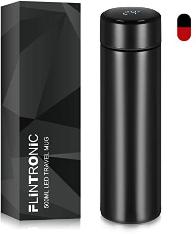 flintronic Travel Mugs, Insulated Water Bottle, 500ml LED Temperature Display Smart Water Cup, 304 Stainless Steel Vacuum Drink Flasks, Hot&Cold Sport Drink Bottle for Gym, Home, Office(Black)
