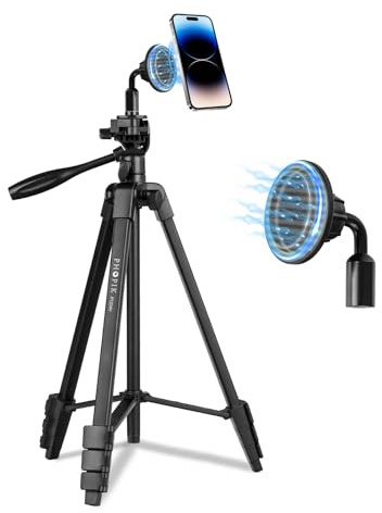 PHOPIK Treppiede magnetico per telefono da 140 cm, treppiede video con panorama a 360 gradi e vite di montaggio da 1/4 per fotocamera mirrorless/Gopro/DSLR, supporto per telefono per smartphone,