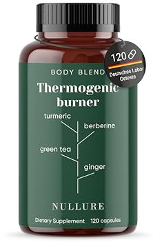 Nullure Thermogener Natürlicher Fettverbrenner | Gewichtsreduktion I Vegan I Grüner Tee + Kurkuma + Ingwer + Berberin + Resveratrol + Knoblauch + Vitamin A + Piperin - 120 Kapseln (2 Monate)