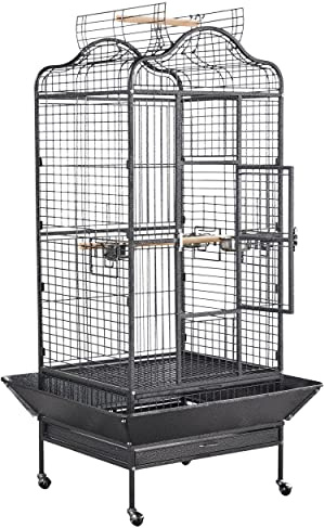 Yaheetech Bird Cage 160 cm Black Play Top for Large Amazon Parrot | Powder-Coated Wrought Iron, Cockatoo, Macaw, Slide-Out Tray, Rolling Stand, Bar Spacing 25mm