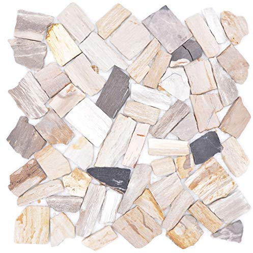 Fossiles Natursteinmosaik Polygonal Bruch Mosiakmatte Wood Holzoptik Duschtasse Küche Wand MOS44-Fossil_f
