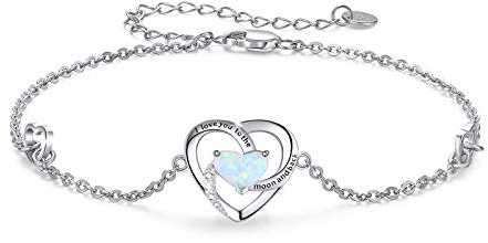 Cuoka I Love You To The Moon And Back Armband, 925er Sterlingsilber, Herz-Opal/Türkis, verstellbares Herzarmband, Schmuck, Valentinstagsgeschenk für Frauen und Mädchen