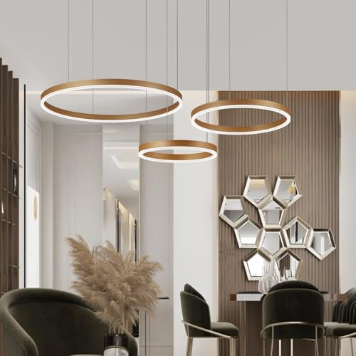 STARRYOL Moderner LED-Kronleuchter für Wohnzimmer, Esszimmer, 86 W, 2700–6500 K, verstellbar, mit Fernbedienung, goldfarben, 3 Ringe, 30 x 40 x 60 cm