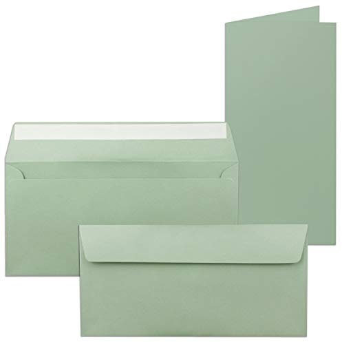50x Faltkarten-Set mit Briefumschlägen DIN Lang in Eukalyptus (Grün) - 21 x 10,5 cm - Blank Klappkarten und Umschläge für Einladungen und Grüße zu Geburtstag und Hochzeit