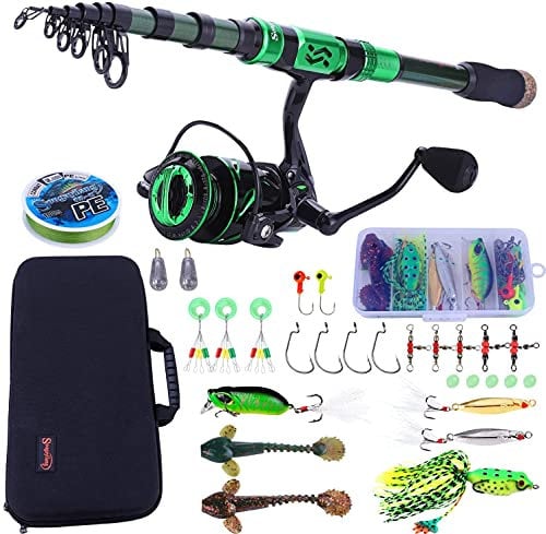 Sougayilang Angelrute und Rolle Set, Teleskoprute aus Kohlefaser, 12+1 BB Rotationsrolle mit Tragetasche für Salzwasser und Süßwasser, G2.7+40