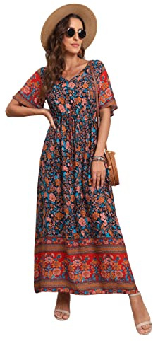 GRECERELLE Robe de Plage Longue d'été bohème pour Femme - Imprimé Floral - Col en V - Manches Courtes - Cordon de Serrage - Taille Haute - Fluide - Bleu Marine - Taille S, 01 Pivoine Bleu Marine, S