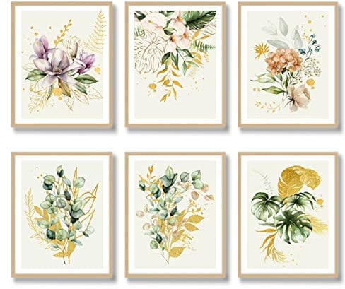 Botanische Wandkunstdrucke, Set mit 6 Blättern, Blumen, Leinwanddrucken, Poster, Pflanzenblätter, Boho, Aquarell, Wanddekoration, Gold und Grün, Blumenblätter, Wohnzimmer (20.3x25.4 cm, ungerahmt)