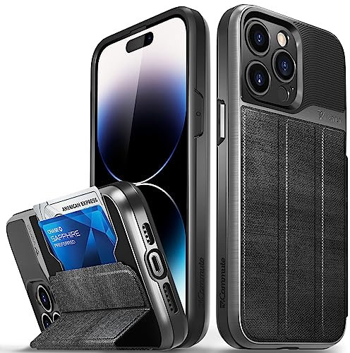VENA vCommute Wallet Case Compatible with Apple iPhone 14 Pro Max (6.7-inch), (Military Grade Drop Protection) Flip Leather Cover Card Slot Holder with Kickstand - Slate Black