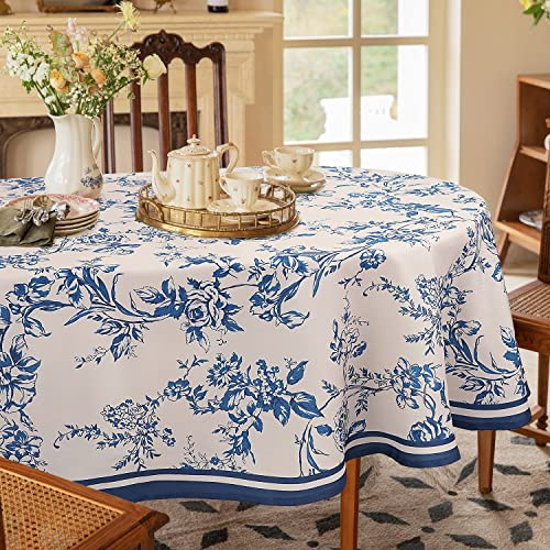 Bnejvif Modern Oval Tablecloth - Blue Floral, Waterproof, Wrinkle Free, 60 X 120 in