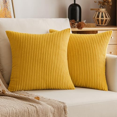 EMEMA Kissenbezug 45x45 cm Herbst Kordsamt Kissenbezüge Dekokissen Sofakissen Cord Kissenhülle Zierkissenbezug Kord Dekorative Weiche für Sofa Wohnzimmer Schlafzimmer 2er Set Strohgelb