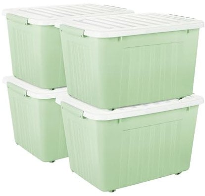 Cetomo 80L*4 Storage Boxes with Wheels, Plastic Storage Box with Lid, Latching Buckles, Click Closure, Stackable, Nesting, Durable Organizer for Home Office Clothes, Green, 80L-4 Pack