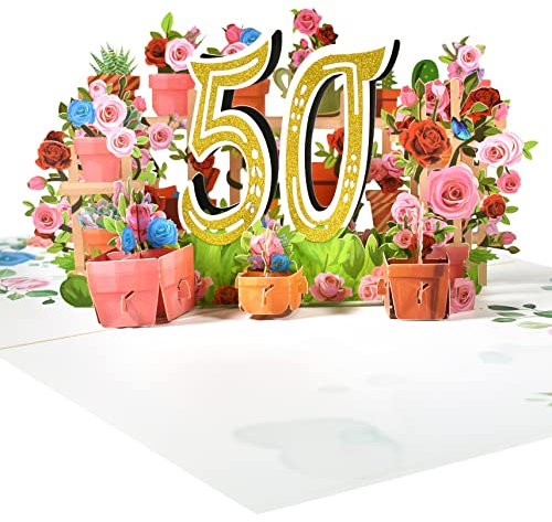 GREETING ART 50. Geburtstagskarte, Pop-up-Karte zum 50 Jahrestag,Blume Pop Up Grußkarten, 3D Pop Up Karte Geburtstag Grußkarte für Frauen Mütter Ehefrau Männer Freunde Romantik Geschenk-Karte