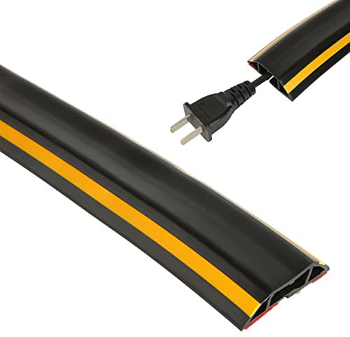 ZOFUN Self-adheisve Floor Cable Protector, 3M Black Rubber Wire Cover with Yellow Line for Visibility, Easy to Cut Animal Proof Rubber Cable Cover for Wire Floor Office Home Indoor Outdoor Workshop