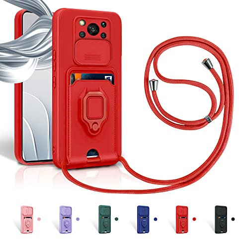 Aithne Funda con Cuerda para Xiaomi Poco X3/X3 Pro/X3 NFC Case con Ranura para Tarjetas,360 Anillo función de Soporte Cubierta -Rojo