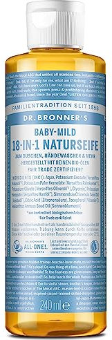 Dr. Bronners 18-IN-1 Naturseife | Organic Flüssigseife | Baby Mild ohne Duft | Duschgel, Handseife, Shampoo und vieles mehr | Mit Bio Ölen | Fair Trade |120 ml