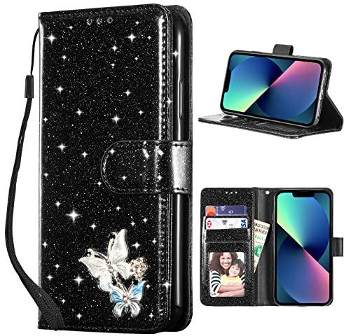 QLTYPRI Case for iPhone 15, Wallet Case Premium Glitter PU Leather TPU Bumper Card Holder [Wrist Strap] Inlaid Butterfly Diamond Flip Cover for iPhone 15 - Black Butterfly