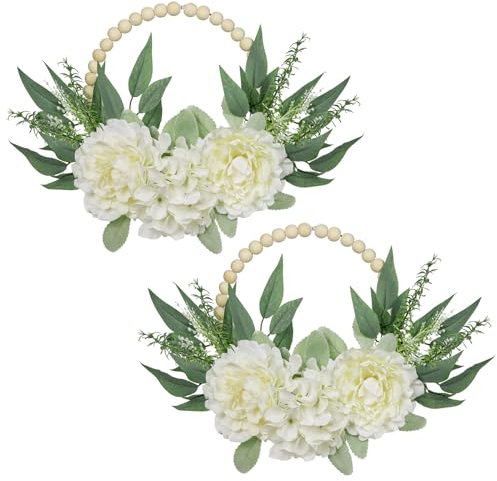 2er-Set Türkranz Künstlich Hortensien Pfingstrose Blumen Holzring Modern Deko Blumenkranz, Wandkranz Frühlingskranz für Hochzeit Wohnzimmer Wanddeko Frühling Fensterdeko, Weiß