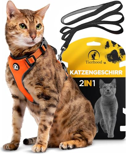 Tierhood Katzengeschirr mit Leine [Neue, LEICHTE Version] - Katzenleine mit Geschirr für Katzen und Kitten - Katzen Geschirr Set mit Leine - Kontrollierte Freiheit - Orange, Größe S