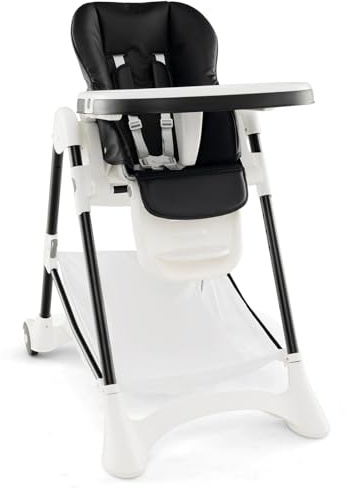 GYMAX Baby Highchair, Adjustable Foldable Infant High Chair with Removable Tray, Storage Basket, Lockable Wheels & 5-Point Harness, Toddler Dining Feeding Chairs for 6-36 Months (Black)