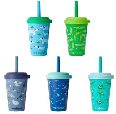 REDUCE GoGo's Kids Portable Tumbler Cups with Lids and Spill-Proof Straws - 5 Pack of Stackable 12 oz Tumblers with Twist-On Lids - Easy Storage, Dishwasher Safe - Scavenger Boy Set