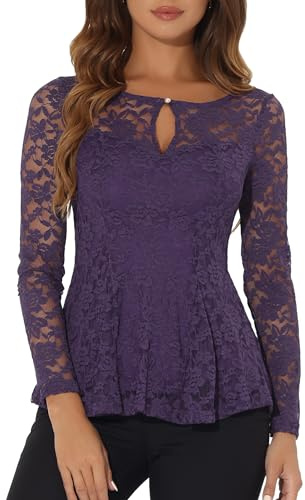 Allegra K Women's Dressy Top Formal Wedding Guest Long Sleeve Lace Peplum Blouse, Purple, XL
